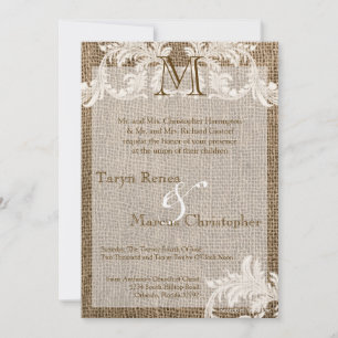 5x7 Burlap and Lace Monogram Wedding Invitation