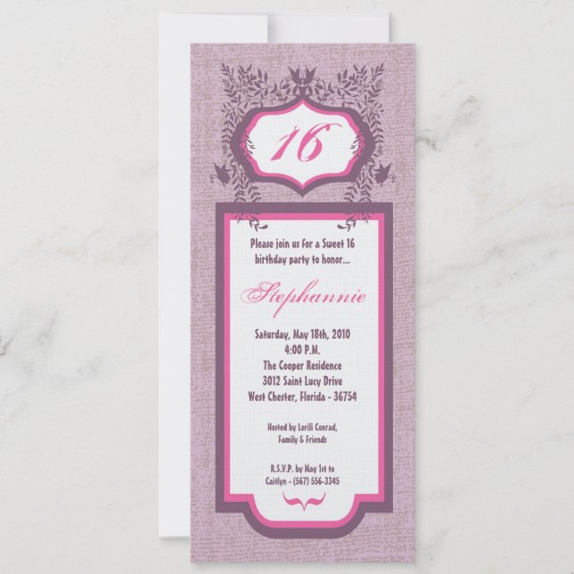 5x7 Butterfly Floral Sweet 16 Birthday Invitation (Front)