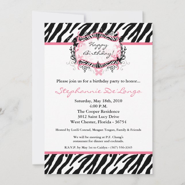 5x7 Butterfly Zebra Print Birthday Part Invitation (Front)