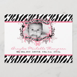 5x7 Butterfly Zebra Print Photo Birth Announcement