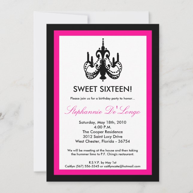 5x7 Chandelier Hot Pink 16 Birthday Invitation (Front)