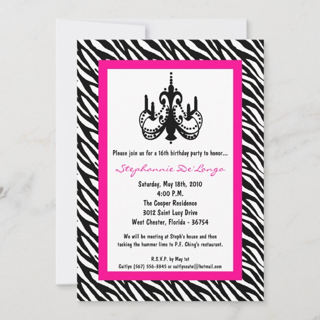 5x7 Chandelier Pink Zebra 16th Birthday Invitation (Front)