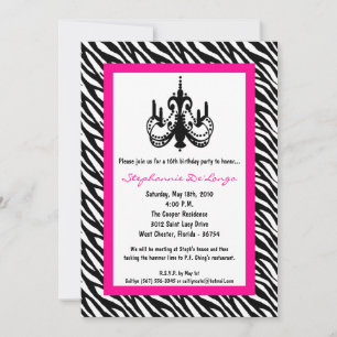 5x7 Chandelier Pink Zebra 16th Birthday Invitation