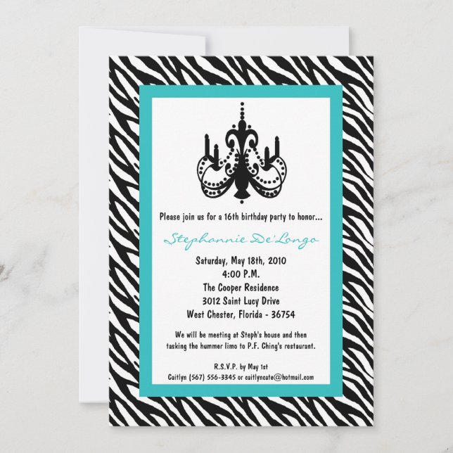 5x7 Chandelier Teal Zebra 16th Birthday Invitation (Front)