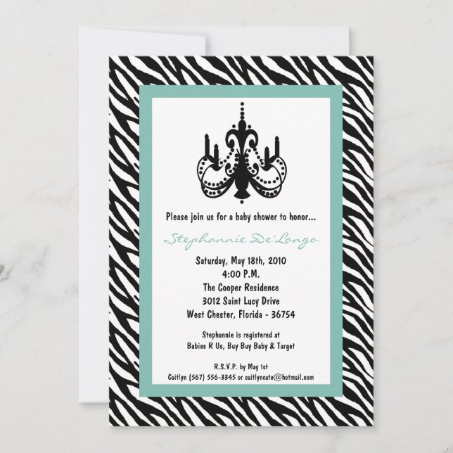 5x7 Chandelier Tiffan Zebra Baby Shower Invitation (Front)