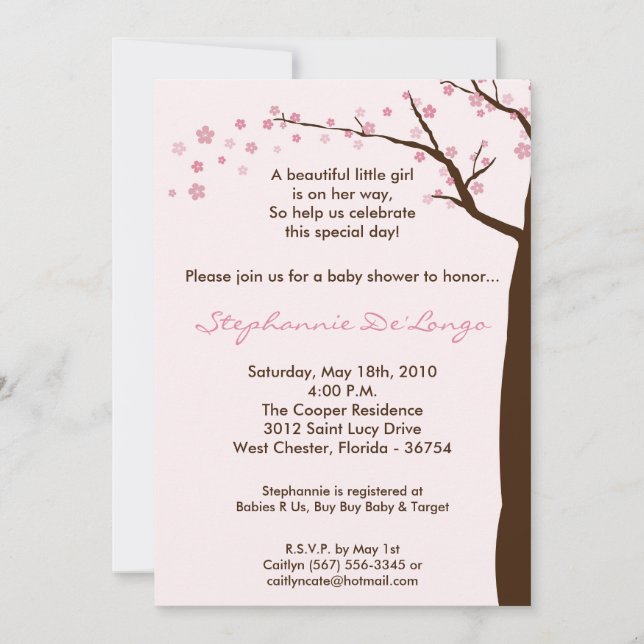 5x7 Cherry Blossom Tree Baby Shower Invitation (Front)