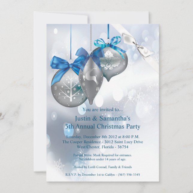 5x7 Christmas Invitation Ornaments Snowflakes Snow (Front)