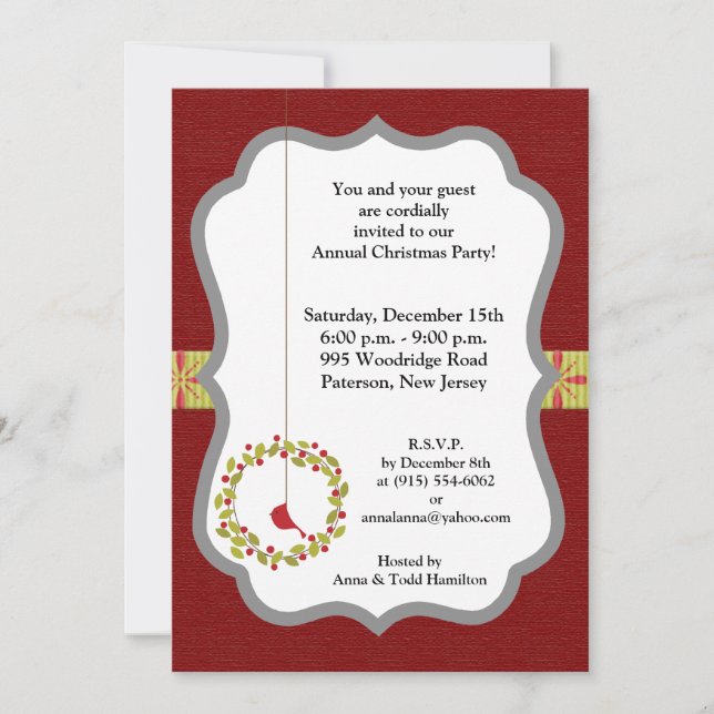 5x7 Christmas Reef / Cardinal Bird Invitation (Front)