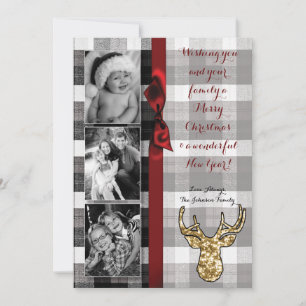 5x7 Christmas XMAS Black Plaid Deer PHOTO Card