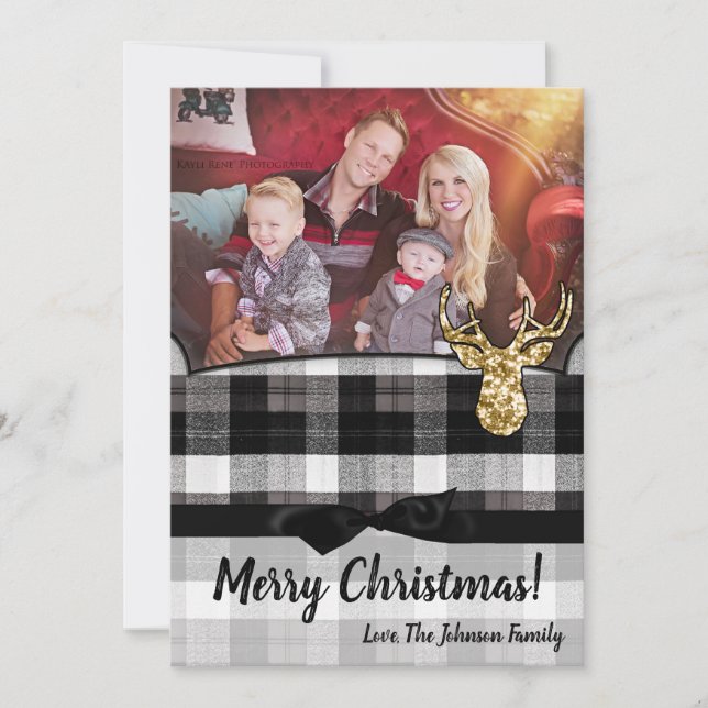5x7 Christmas XMAS Black Plaid Deer PHOTO Card (Front)