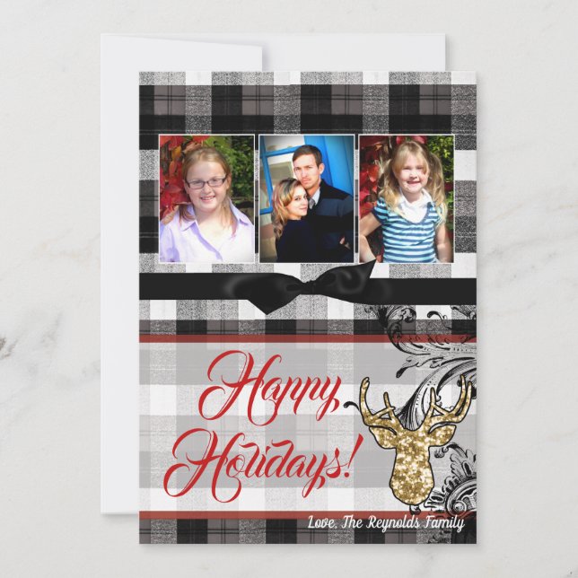 5x7 Christmas XMAS Black Plaid Deer PHOTO Card (Front)