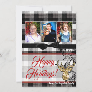 5x7 Christmas XMAS Black Plaid Deer PHOTO Card