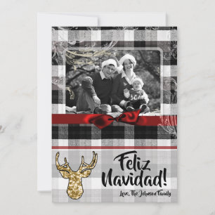 5x7 Christmas XMAS Black Plaid Deer PHOTO Card