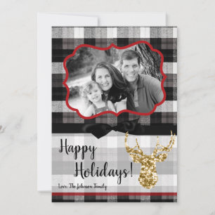 5x7 Christmas XMAS Black Plaid Deer PHOTO Card