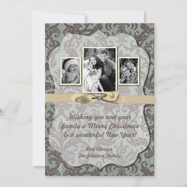 5x7 Christmas XMAS Blue Damask Fabric PHOTO Card (Front)