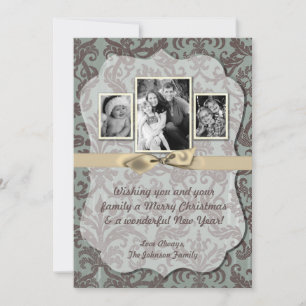 5x7 Christmas XMAS Blue Damask Fabric PHOTO Card