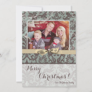5x7 Christmas XMAS Blue Damask Fabric PHOTO Card