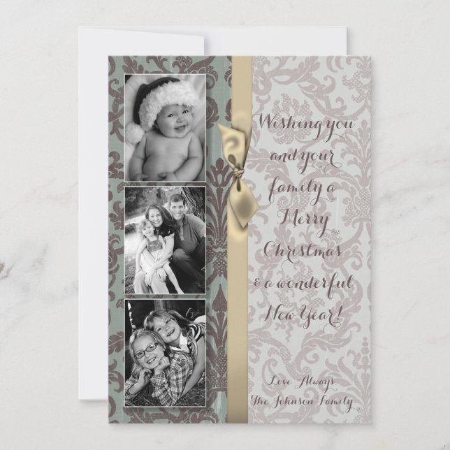 5x7 Christmas XMAS Blue Damask Fabric PHOTO Card (Front)