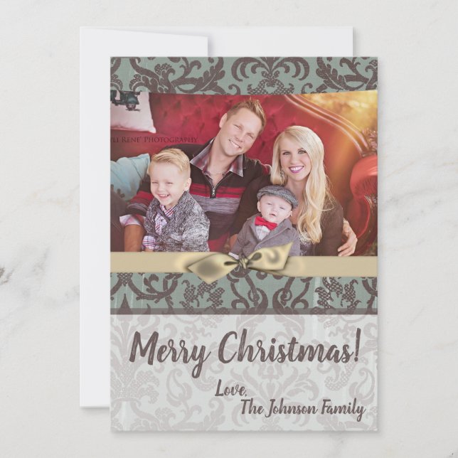 5x7 Christmas XMAS Blue Damask Fabric PHOTO Card (Front)