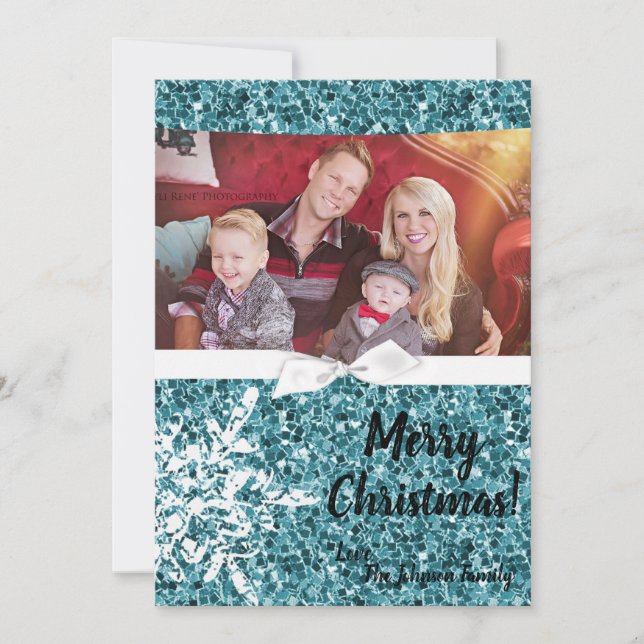 5x7 Christmas XMAS Blue Glitter Snowfla PHOTO Card (Front)