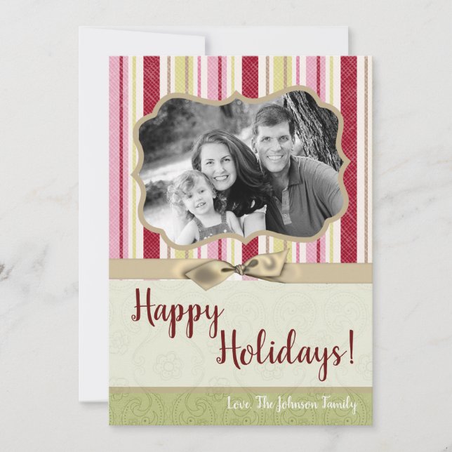 5x7 Christmas XMAS Green Striped Fabric PHOTO Card (Front)