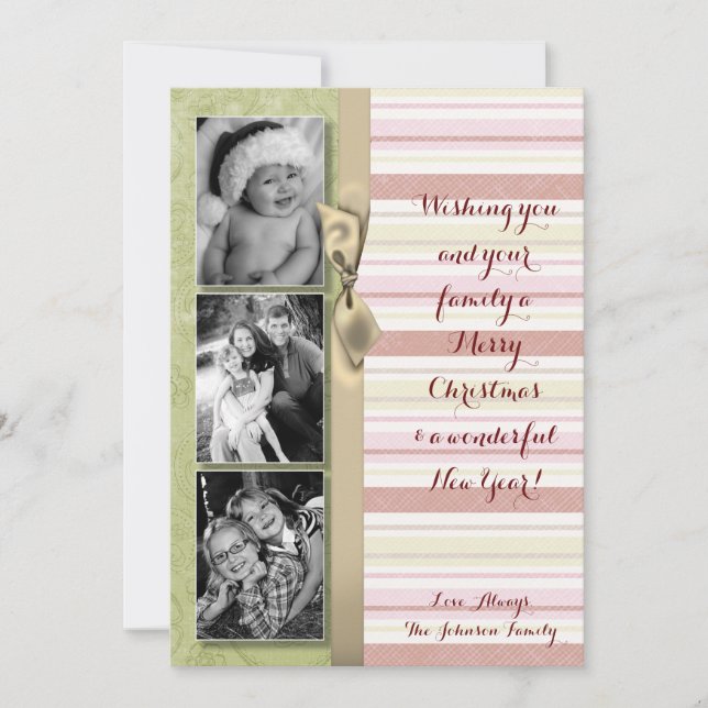 5x7 Christmas XMAS Green Striped Fabric PHOTO Card (Front)