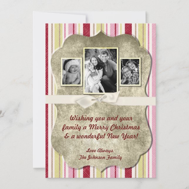 5x7 Christmas XMAS Green Striped Fabric PHOTO Card (Front)