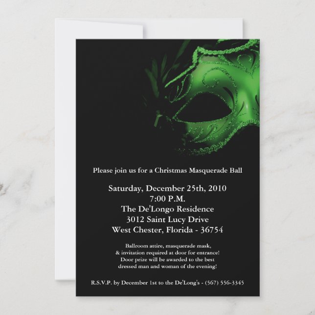 5x7 Christmas XMAS Masquerade Ball Mask Invitation (Front)