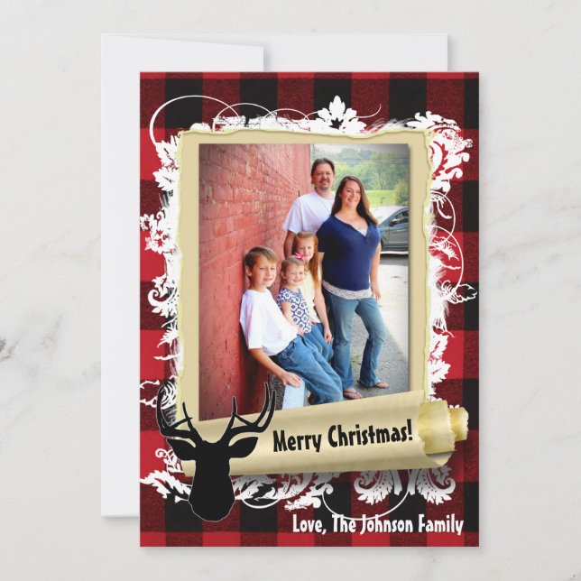 5x7 Christmas XMAS Red black Plaid Deer PHOTO Card (Front)
