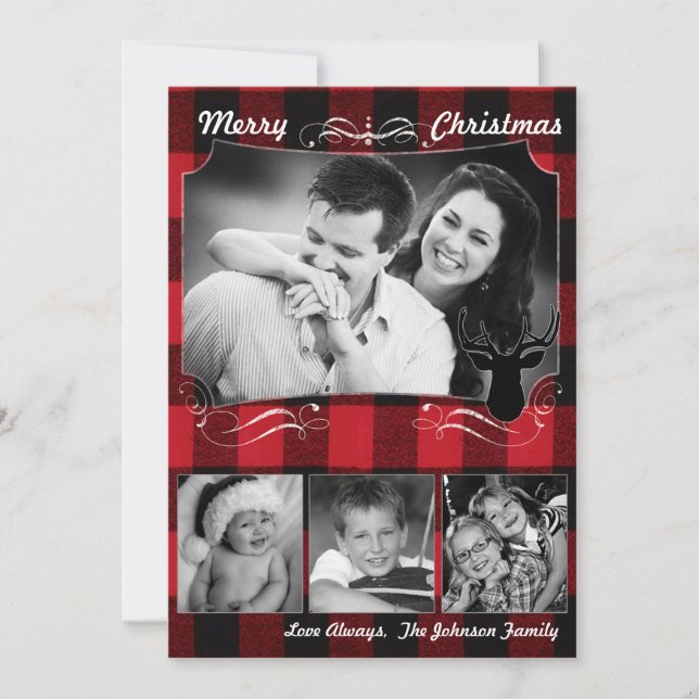 5x7 Christmas XMAS Red Black Plaid Deer PHOTO Card (Front)