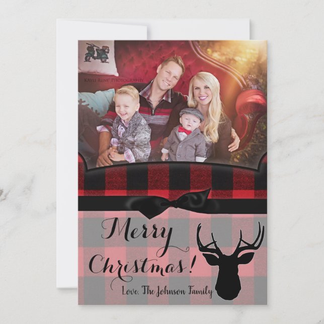 5x7 Christmas XMAS Red Black Plaid Deer PHOTO Card (Front)
