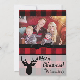 5x7 Christmas XMAS Red black Plaid Deer PHOTO Card