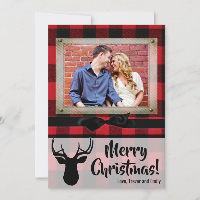 5x7 Christmas XMAS Red black Plaid Deer PHOTO Card (Front)