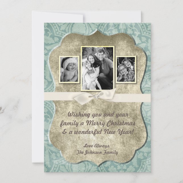 5x7 Christmas XMAS Winter Blue Damask PHOTO Card (Front)