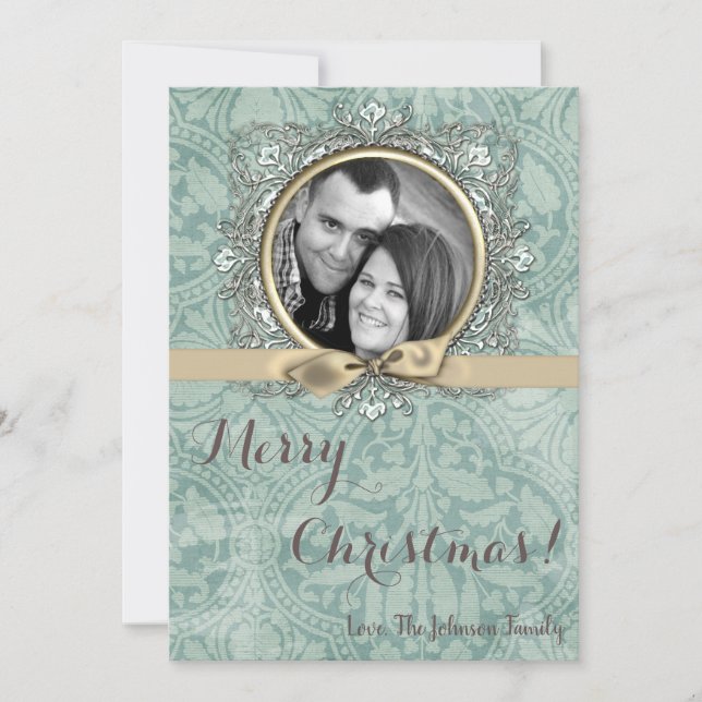 5x7 Christmas XMAS Winter Blue Damask PHOTO Card (Front)