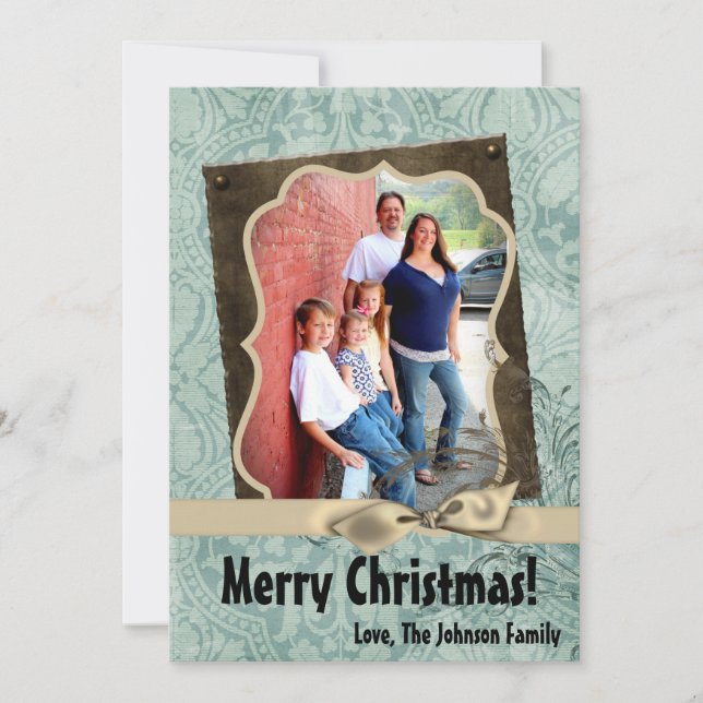 5x7 Christmas XMAS Winter Blue Damask PHOTO Card (Front)
