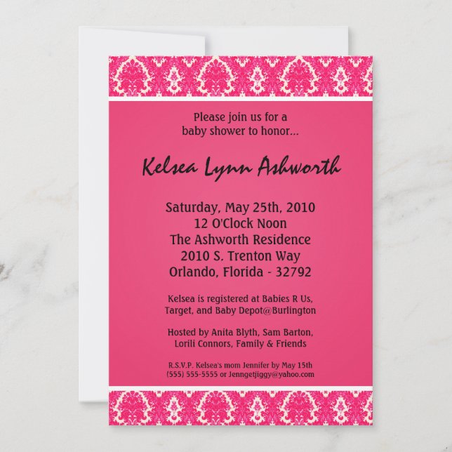 5x7 Colourful Pink Damask Baby Shower Invitation (Front)
