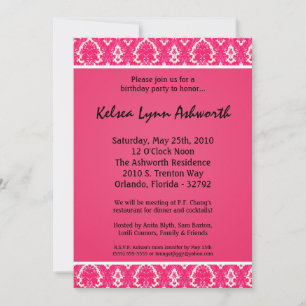 5x7 Colourful Pink Damask Birthday Invitation