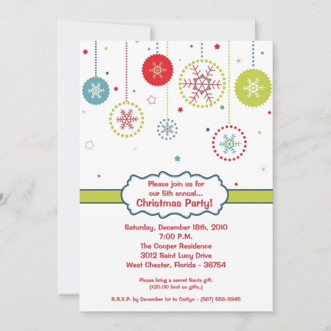 5x7 Colourful Snowflake Christmas Party Invitation (Front)