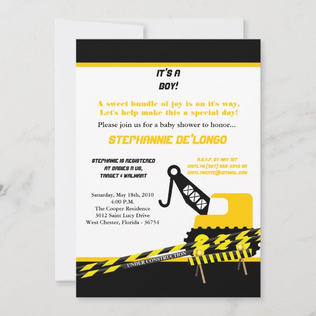 5x7 Construction Boy Shower Invitation (Front)