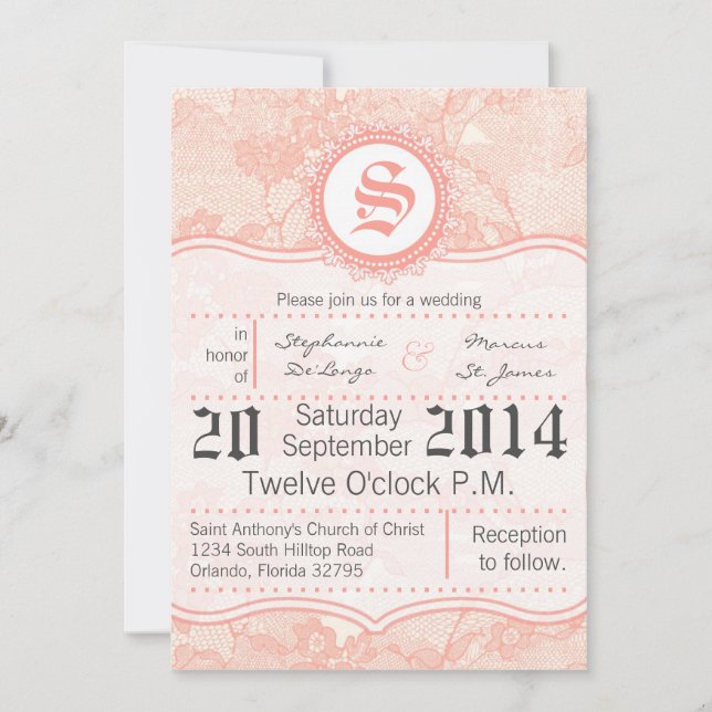 5x7 Country Coral Lace Print Wedding Invitation (Front)