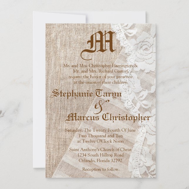 5x7 Country Lace Handkerchief  Wedding Invitation (Front)