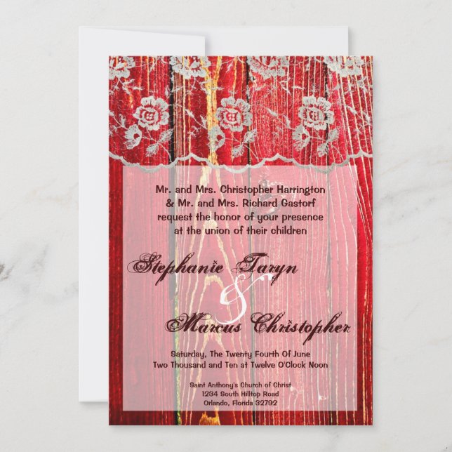 5x7 Country Lace Red Wash Wood Wedding Invitation (Front)