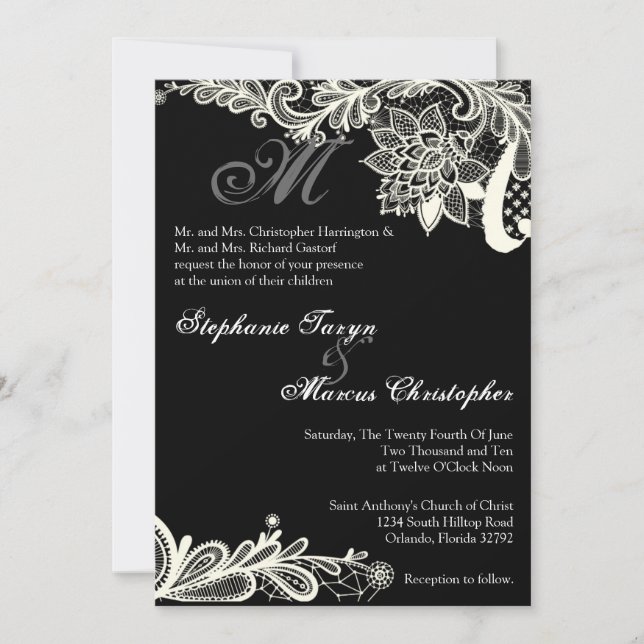 5x7 Country Vintage Lace Black Wedding Invitation (Front)