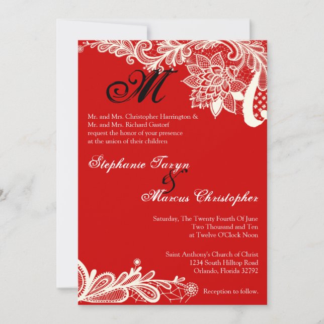 5x7 Country Vintage Lace Red Wedding Invitation (Front)