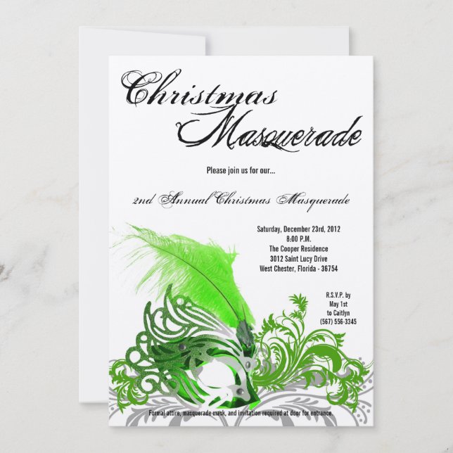 5x7 Crimson Green Masquerade Christmas Invitation (Front)