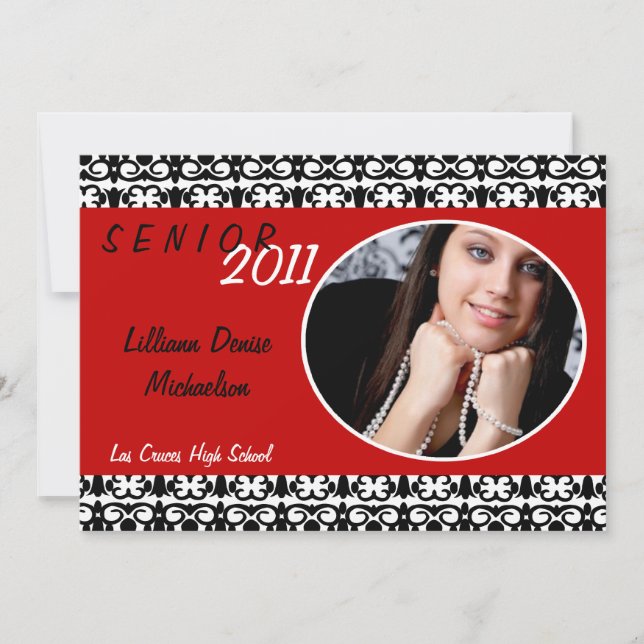 5x7 Crimson Red Damask Photo Senior Announcement (Front)