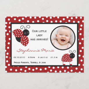 5x7 Crimson Red Lady Bug Photo Birth Announcement