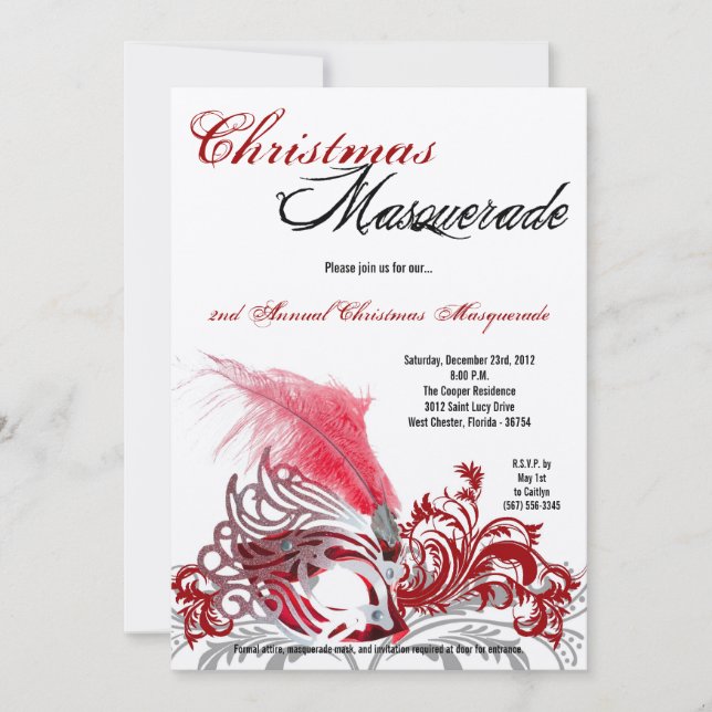5x7 Crimson Red Masquerade Christmas Invitation (Front)
