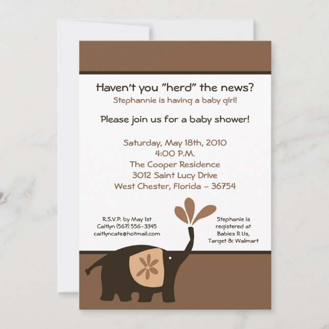 5x7 Cute Brown Elephant Baby Shower Invitation (Front)